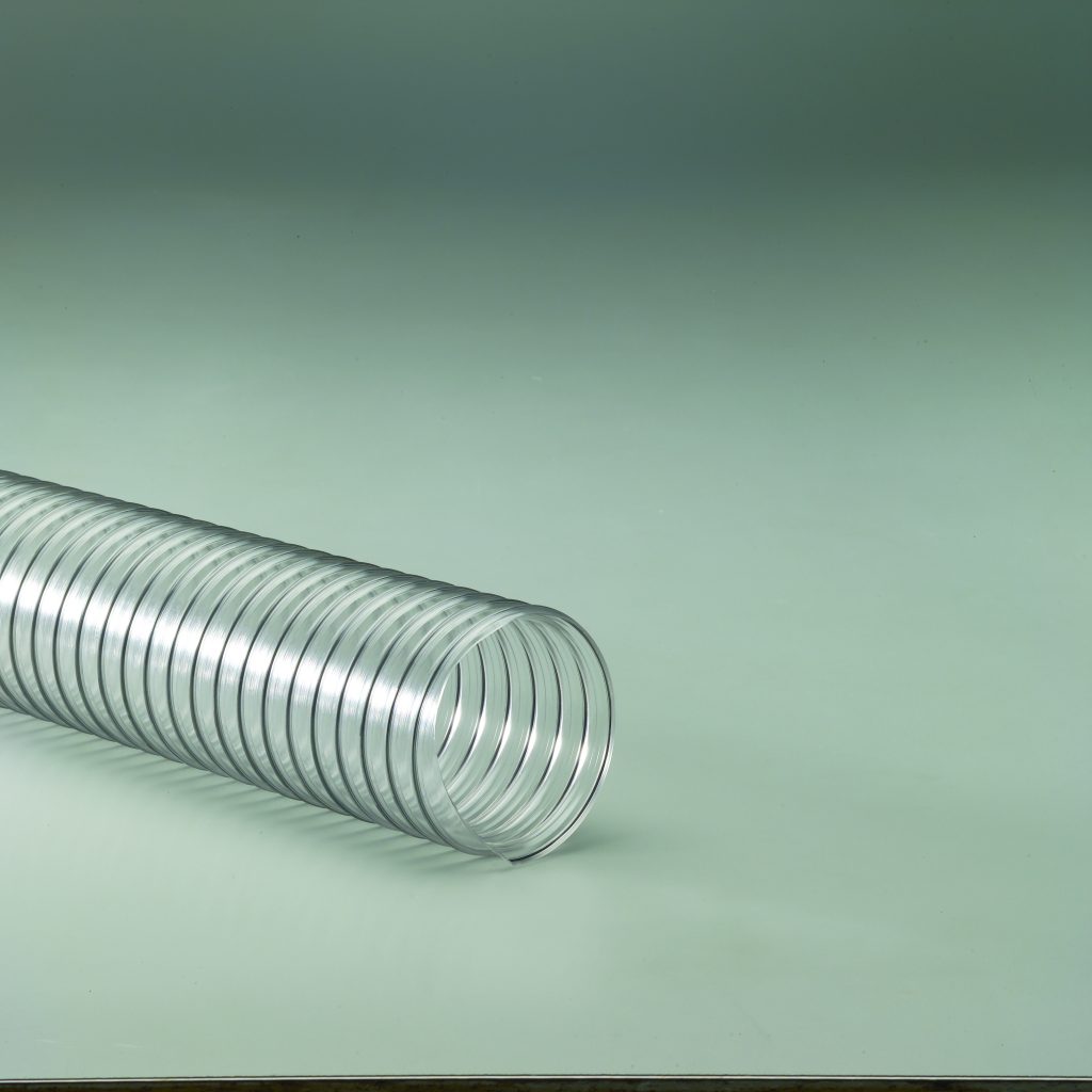 Medium weights clear PVC hose reinforced with a spring steel wire helix. This hose is good for positive pressure applications, has great compressibility, and good chemical and moisture resistance. Ideal for dust and woodworking applications. Available in 2”ID through 12”ID.