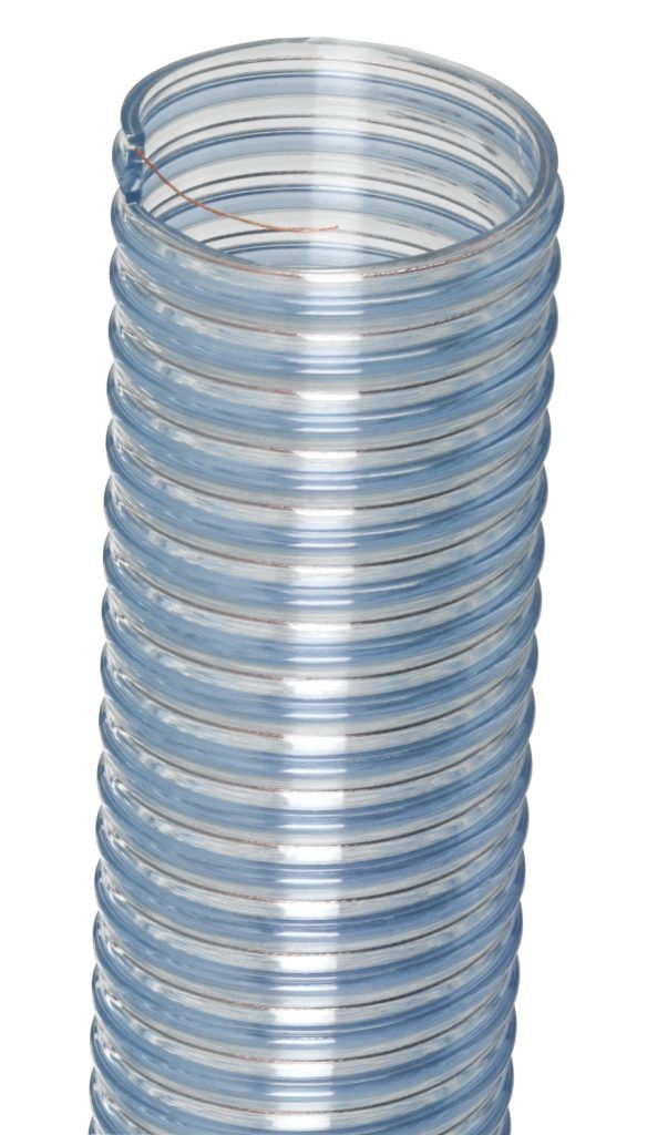  Lightweight food grade suction and transfer hose for us in canning, dairy, and bottling industries. Produced entirely of compounds in compliance with FDA and 3-A nontoxic specifications, flexible PVC, rigid PVC helix, smooth bore, corrugated O.D. Available in sizes ranging from 1”ID through 4”ID.